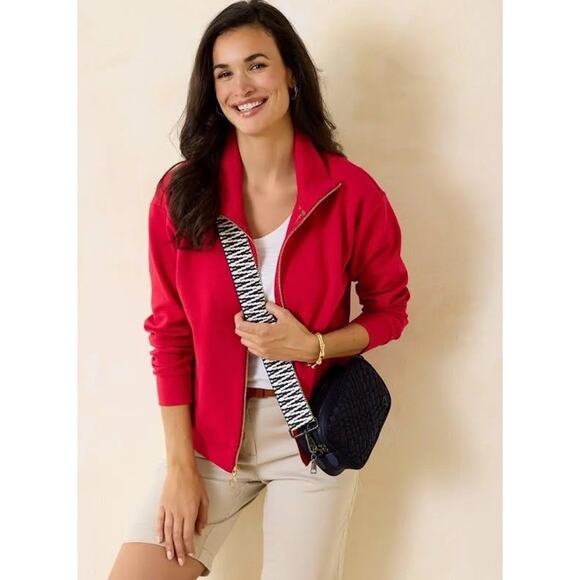 Tommy Bahama Knit Ottoman Jacket Red Zip-Up Size XL Preppy Colorful Coastal Logo - Picture 1 of 11